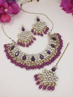 I Jewels - Gold Plated Traditional Kundan Pearl Hanging Choker Necklace Jewellery Set