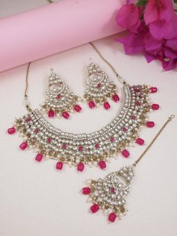 I Jewels - Gold Plated Traditional Kundan Pearl Hanging Choker Necklace Jewellery Set