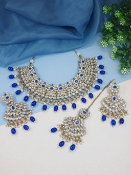 I Jewels - Gold Plated Traditional Kundan Pearl Drop Bridal Choker Necklace Jewellery Set