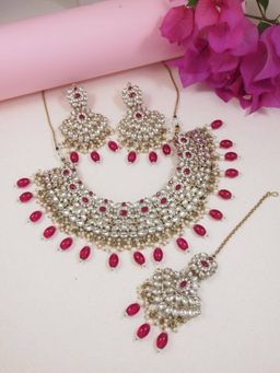 I Jewels - Gold Plated Traditional Kundan Pearl Drop Bridal Choker Necklace Jewellery Set
