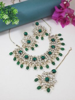 I Jewels - Gold Plated Traditional Kundan Pearl Drop Bridal Choker Necklace Jewellery Set
