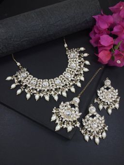I Jewels - Gold Plated Traditional Kundan Pearl Drop Bridal Choker Necklace Jewellery Set