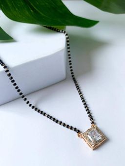 I Jewels - Traditional Single Line Square Shape Pendant Black Bead Chain Mangalsutra