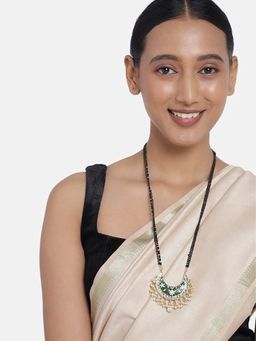 I Jewels - Traditional Meena Work Pearl Pendant With Black Bead Chain Mangalsutra