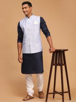 Vastramay - Mens Navy Blue and White Cotton Blend Jacket - Kurta and Pyjama (Set of 3)