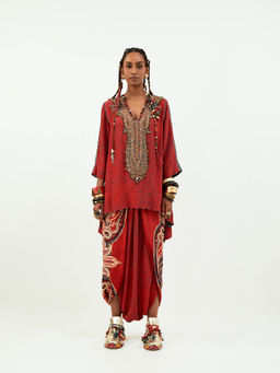 Aseem Kapoor - Red Mitra Short Kurta with Dhoti (Set of 2)