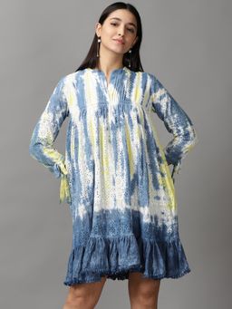 SHOWOFF - Womens Mandarin Collar Knee Length White Tie And Dye Dress