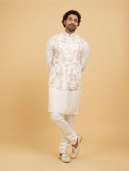Twamev - Baby Pink Leaf Patterned Jacket Kurta and Churidar (Set of 3)