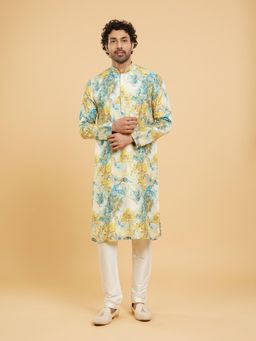 Twamev - Turquoise Blue Yellow Kurta Churidar for Men (Set of 2)