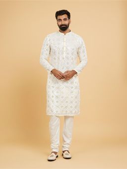 Twamev - Ethereal Cream and Yellow Organza Kurta Churidar for Men (Set of 2)