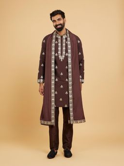 Twamev - Rich Brown Ensemble Kurta with Dupatta for Men (Set of 3)