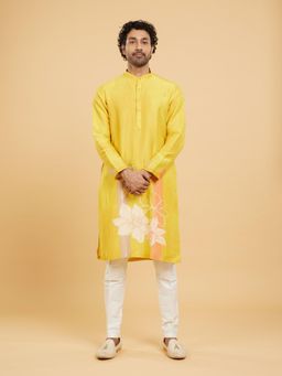 Twamev - Mustard Art Silk Kurta Pant for Men (Set of 2)