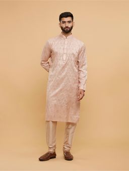 Twamev - Pale Peach Ogee Patterned Kurta for Men (Set of 2)