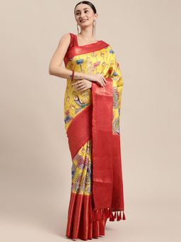 Vastranand - Soft Banarasi Silk Kalamkari Block Print Design Party Wear Saree with Unstitched Blouse