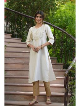 Juniper - Cream Ethnic Motif Printed Silk Straight Kurta with Zari Work Embroidery