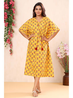 MIRARI - Women Printed Midi Kaftan Night Dress Yellow
