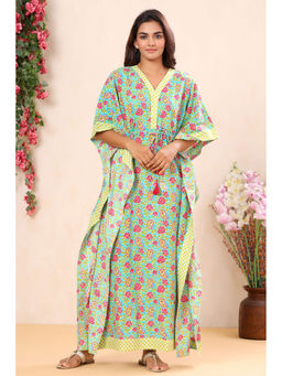 MIRARI - Women Printed Long Kaftan Night Dress Green