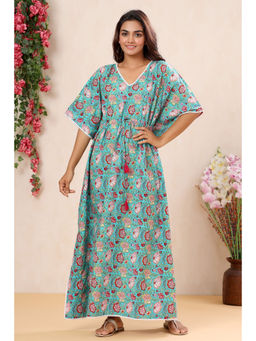 MIRARI - Women Floral Printed Pure Cotton Long Kaftan Night Blue