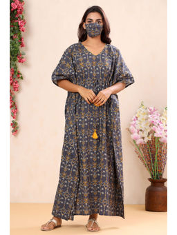 MIRARI - Women Floral Printed Pure Cotton Long Kaftan Night Navy Blue (Set of 2)