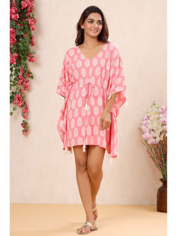 MIRARI - Women White Flower Printed Cotton Midi Kaftan Pink