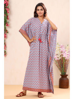 MIRARI - Women Printed Long Kaftan Night Dress Blue (Set of 2)