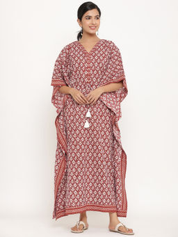 MIRARI - Women Floral Printed Maroon Long Kaftan