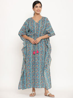 MIRARI - Women Floral Printed Blue Long Kaftan