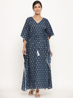 MIRARI - Women Floral Printed Navy Blue Long Kaftan