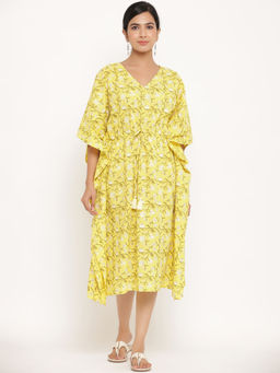 MIRARI - Women Floral Printed Yellow Knee Length Kaftan