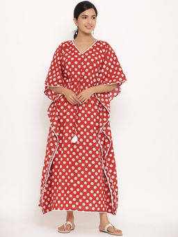 MIRARI - Women Polka Dots Printed Red Long Kaftan