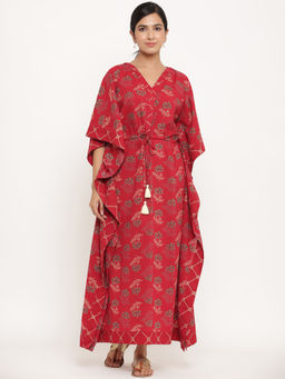 MIRARI - Women Floral Printed Red Long Kaftan