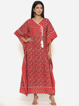MIRARI - Women Floral Printed Red Long Kaftan