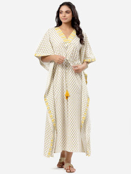 MIRARI - Women Cotton Printed Kaftan Night Wear Yellow