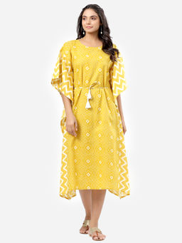 MIRARI - Women Cotton Printed Kaftan Night Wear Yellow