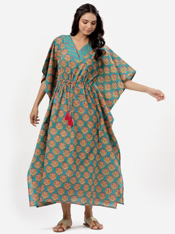 MIRARI - Women Cotton Printed Kaftan Night Wear Blue