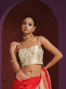 WeaverStory - White Thin Strap Pure Katan Silk Brocade Blouse