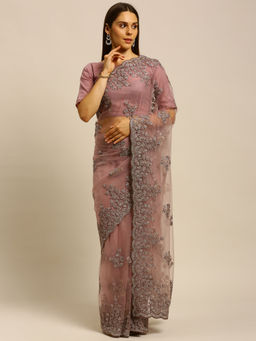 Kasee - Purple Floral Embroidered Net Saree with Unstitched Blouse