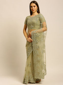 Kasee - Green Floral Embroidered Net Saree with Unstitched Blouse