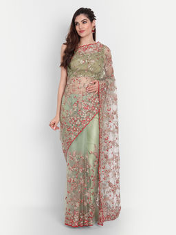 Kasee - Green Embroidered Net Saree with Unstitched Blouse