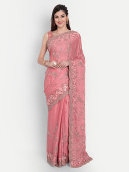 Kasee - Pink Sequined Pure Chiffon Saree with Unstitched Blouse