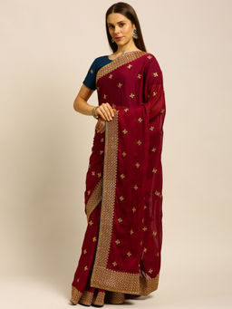 Kasee - Maroon Embellished Sequined Saree with Unstitched Blouse