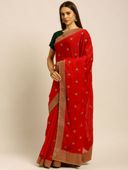 Kasee - Red Embellished Sequined Saree with Unstitched Blouse