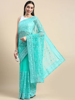 Kasee - Blue Embroidered Net Saree with Unstitched Blouse
