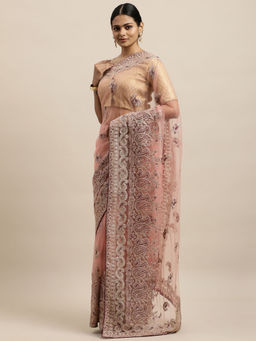 Kasee - Peach Paisley Embroidered Net Saree with Unstitched Blouse