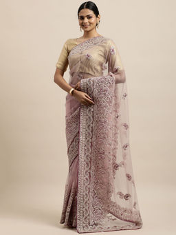 Kasee - Pink Paisley Embroidered Net Saree with Unstitched Blouse