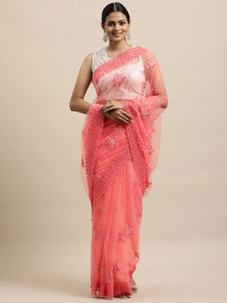 Kasee - Peach Floral Embroidered Net Saree with Unstitched Blouse
