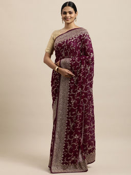 Kasee - Wine Embroidered Pure Georgette Saree with Unstitched Blouse