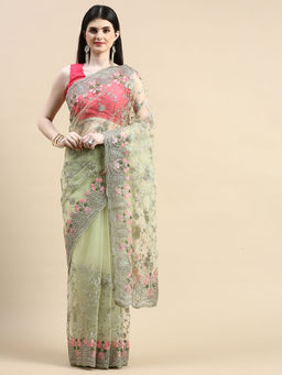 Kasee - Pista Green Floral Embroidered Net Heavy Work Saree with Unstitched Blouse