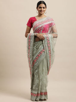 Kasee - Pista Green Floral Embroidered Net Saree with Unstitched Blouse