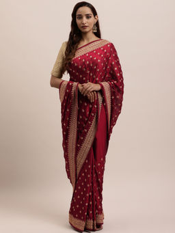 Kasee - Maroon Embellished Sequined Art Silk Saree with Unstitched Blouse